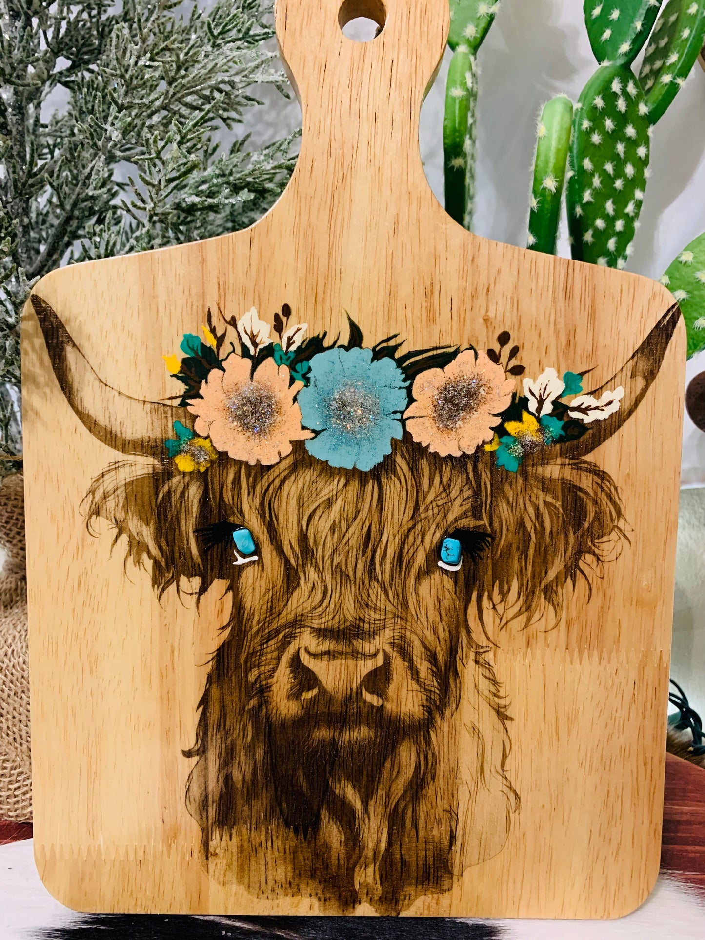 Laser Burned Highland Cow/Hand Painted