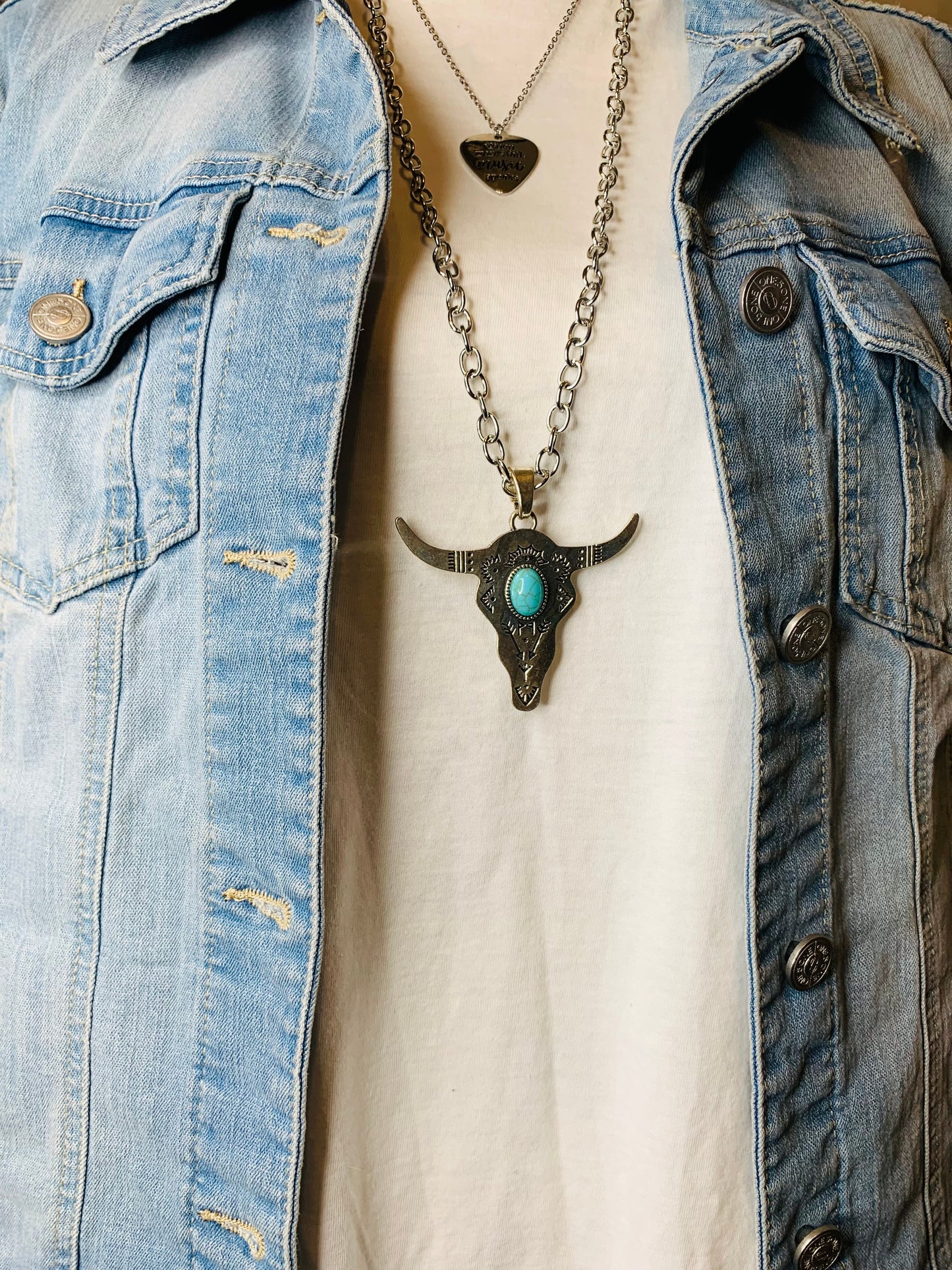 Turquoise Pearl Bull Skull Necklace