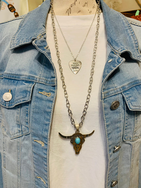 Turquoise Pearl Bull Skull Necklace