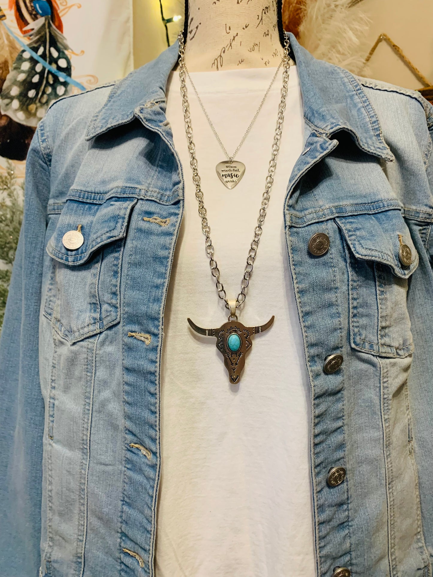 Turquoise Pearl Bull Skull Necklace