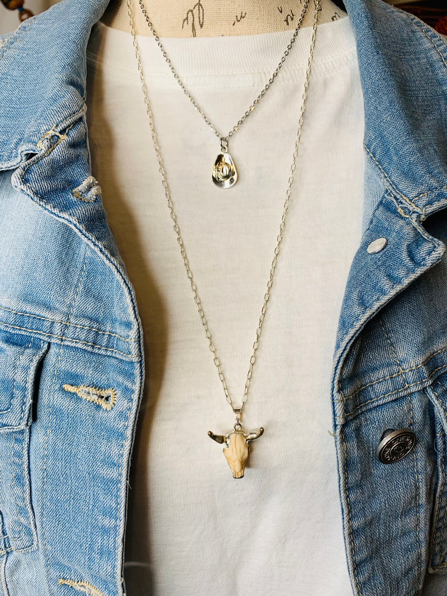 Silver & Bone Bull Skull Necklace