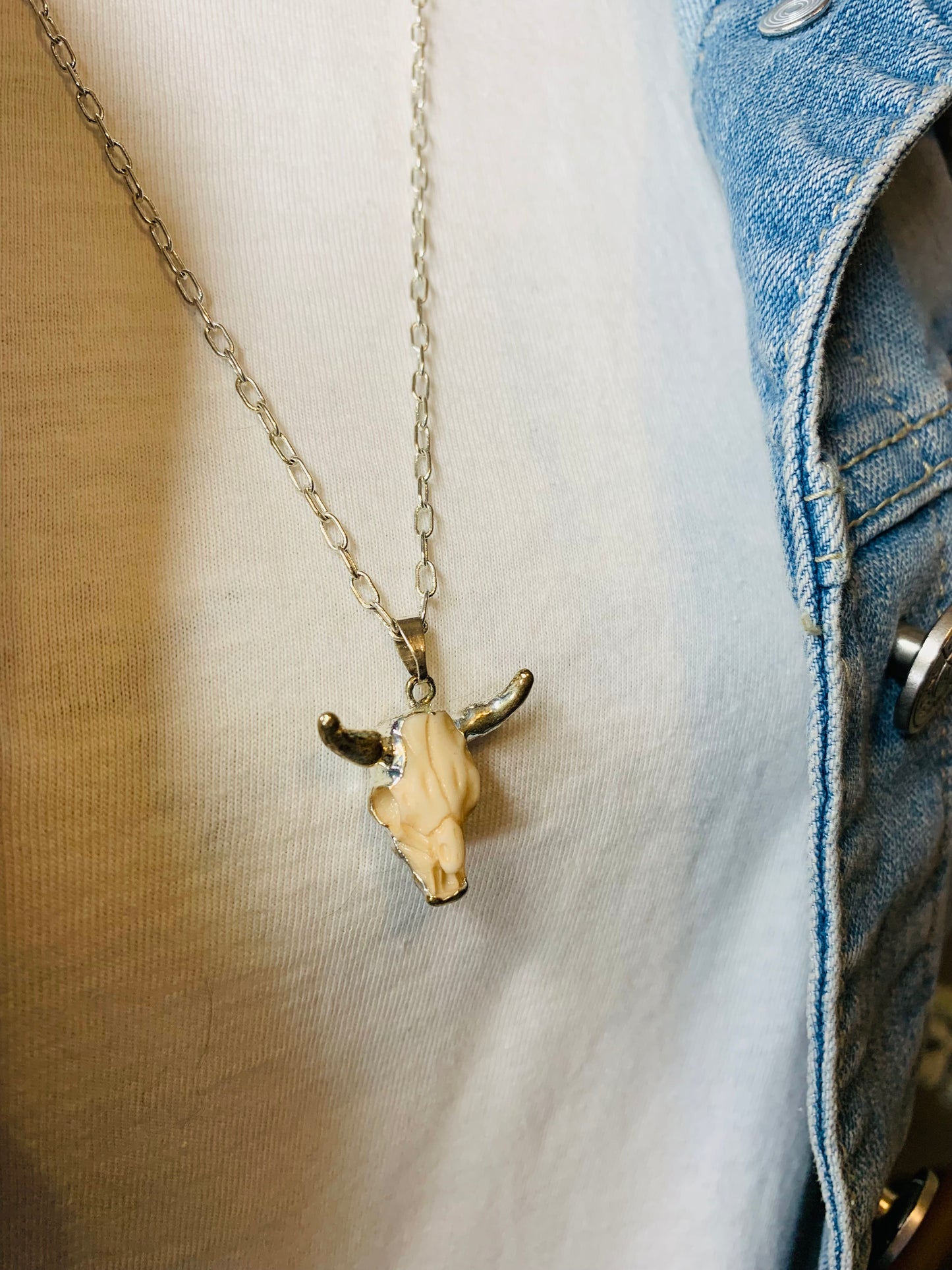 Silver & Bone Bull Skull Necklace