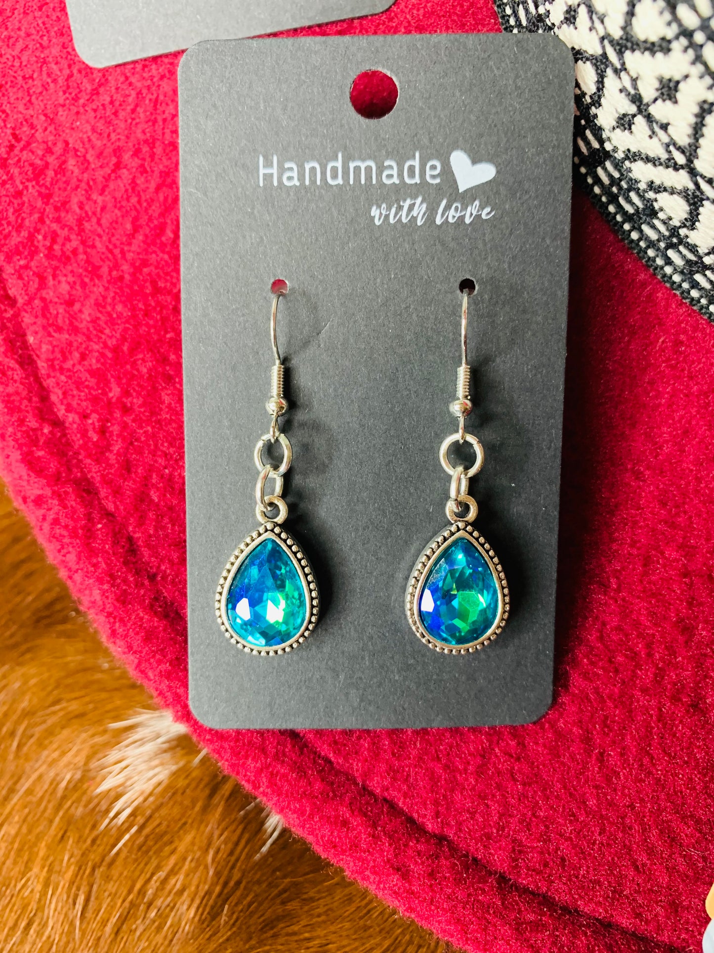 Antique Silver Turquoise Rhinestone Teardrop Earrings