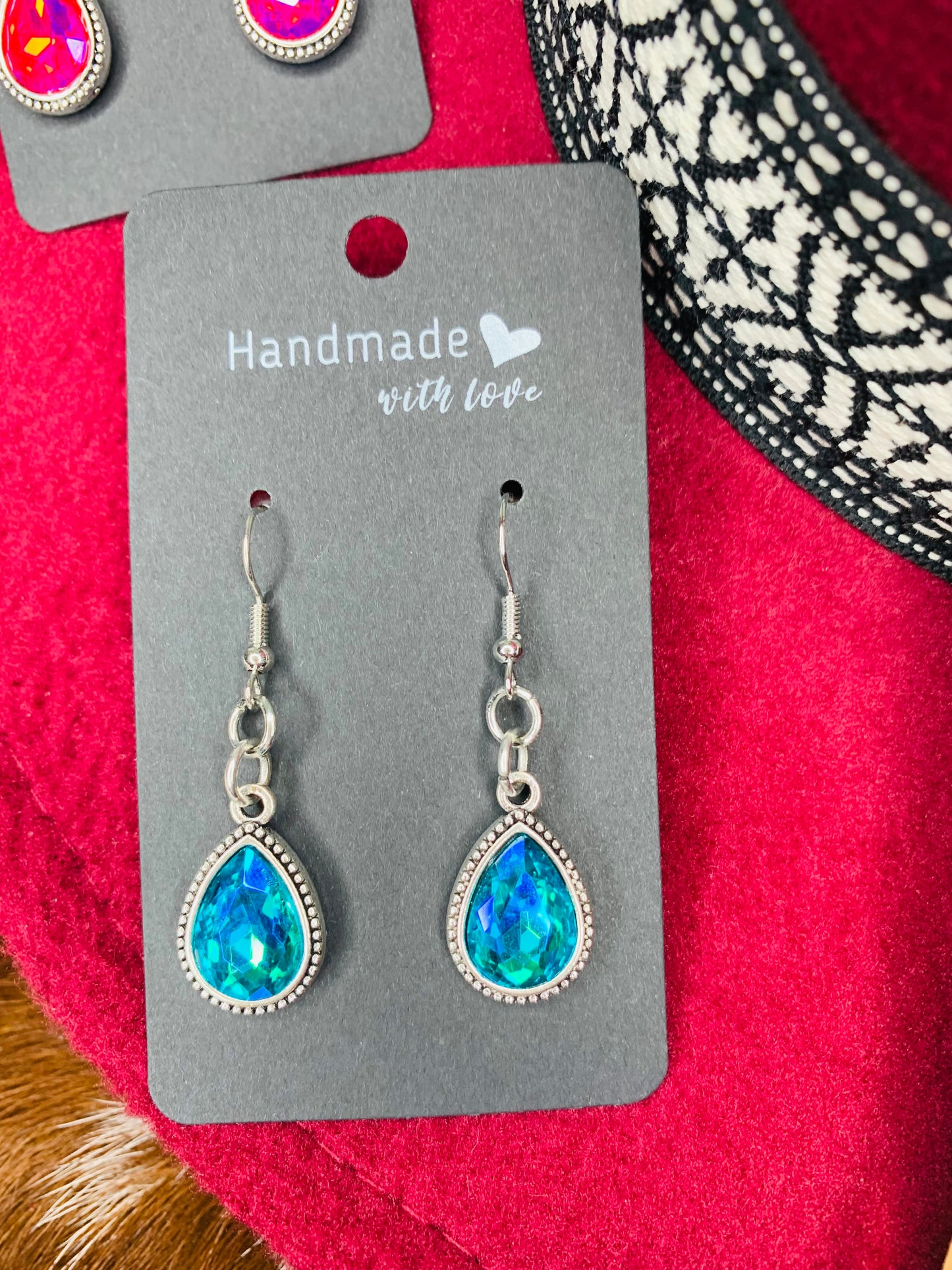 Antique Silver Turquoise Rhinestone Teardrop Earrings