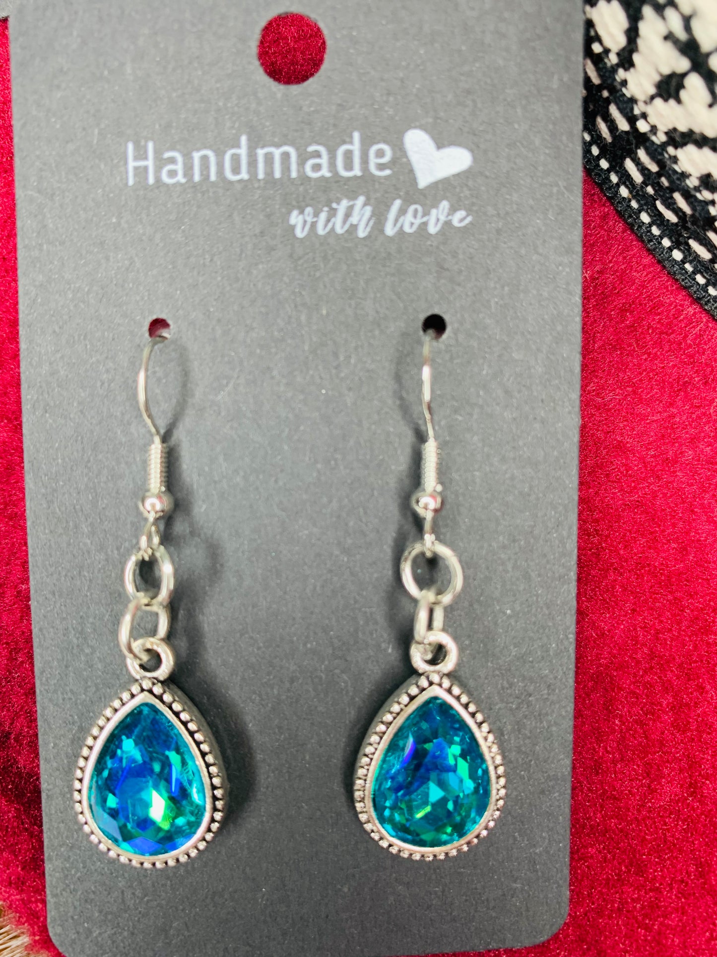 Antique Silver Turquoise Rhinestone Teardrop Earrings