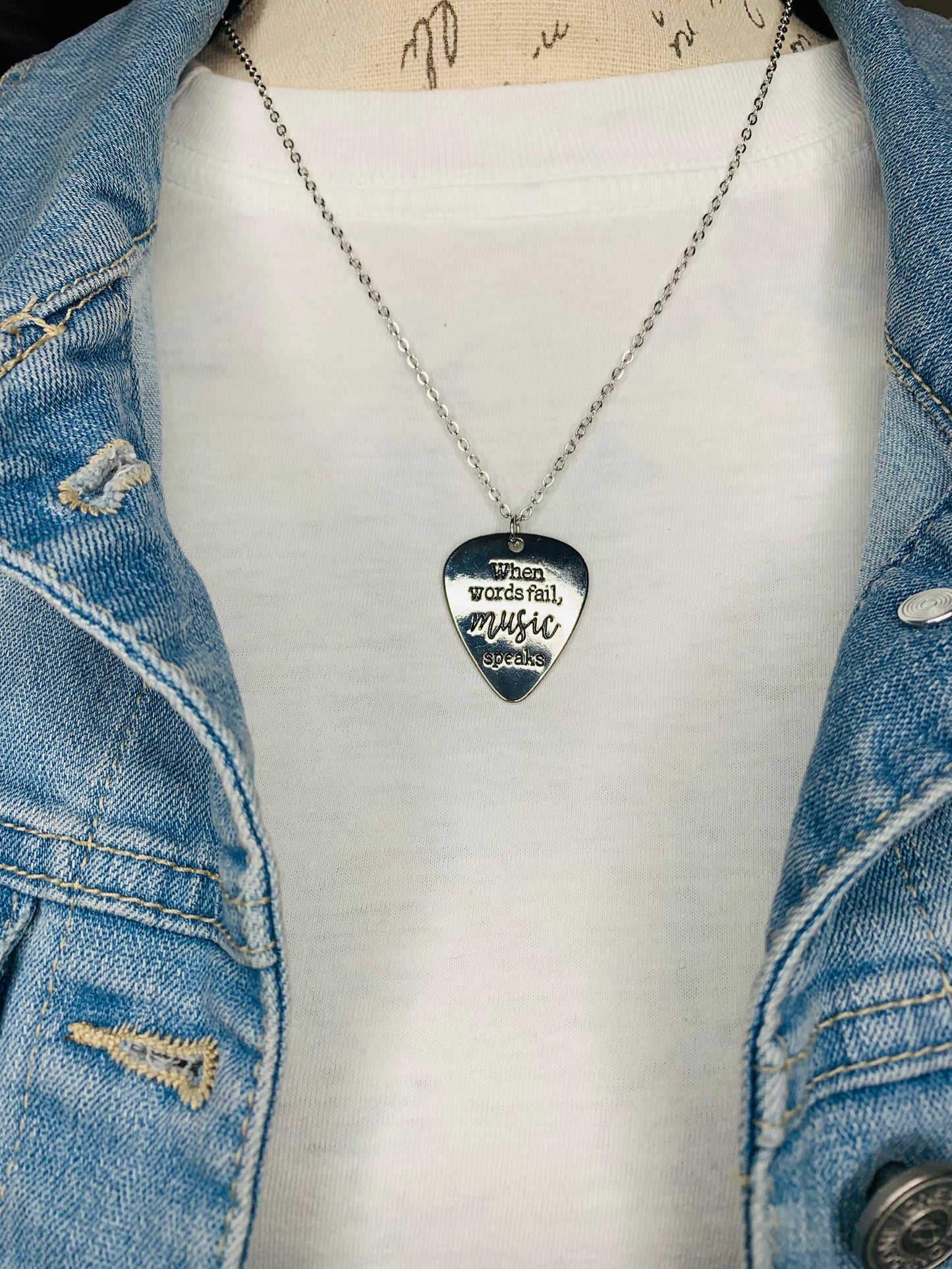 Silver "Music Speaks" Guitar Pick Necklace