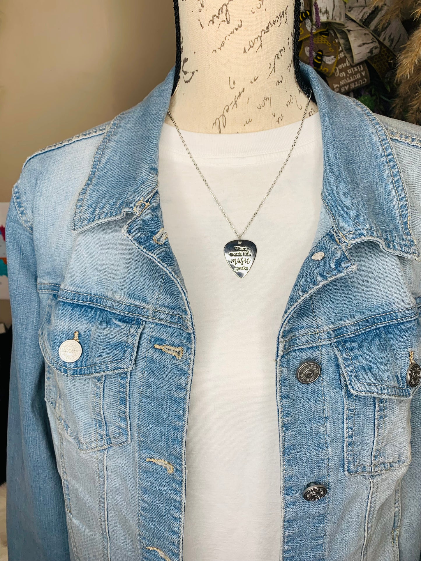 Silver "Music Speaks" Guitar Pick Necklace