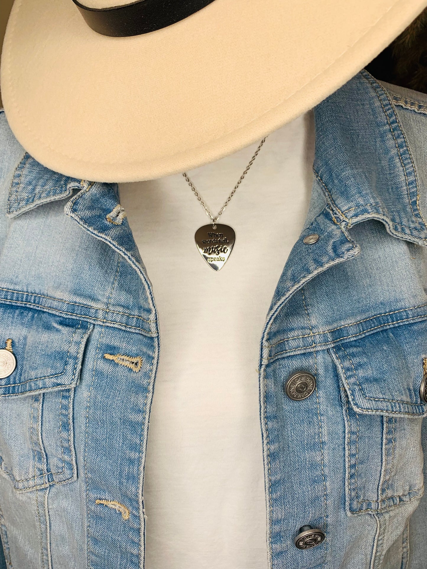 Silver "Music Speaks" Guitar Pick Necklace