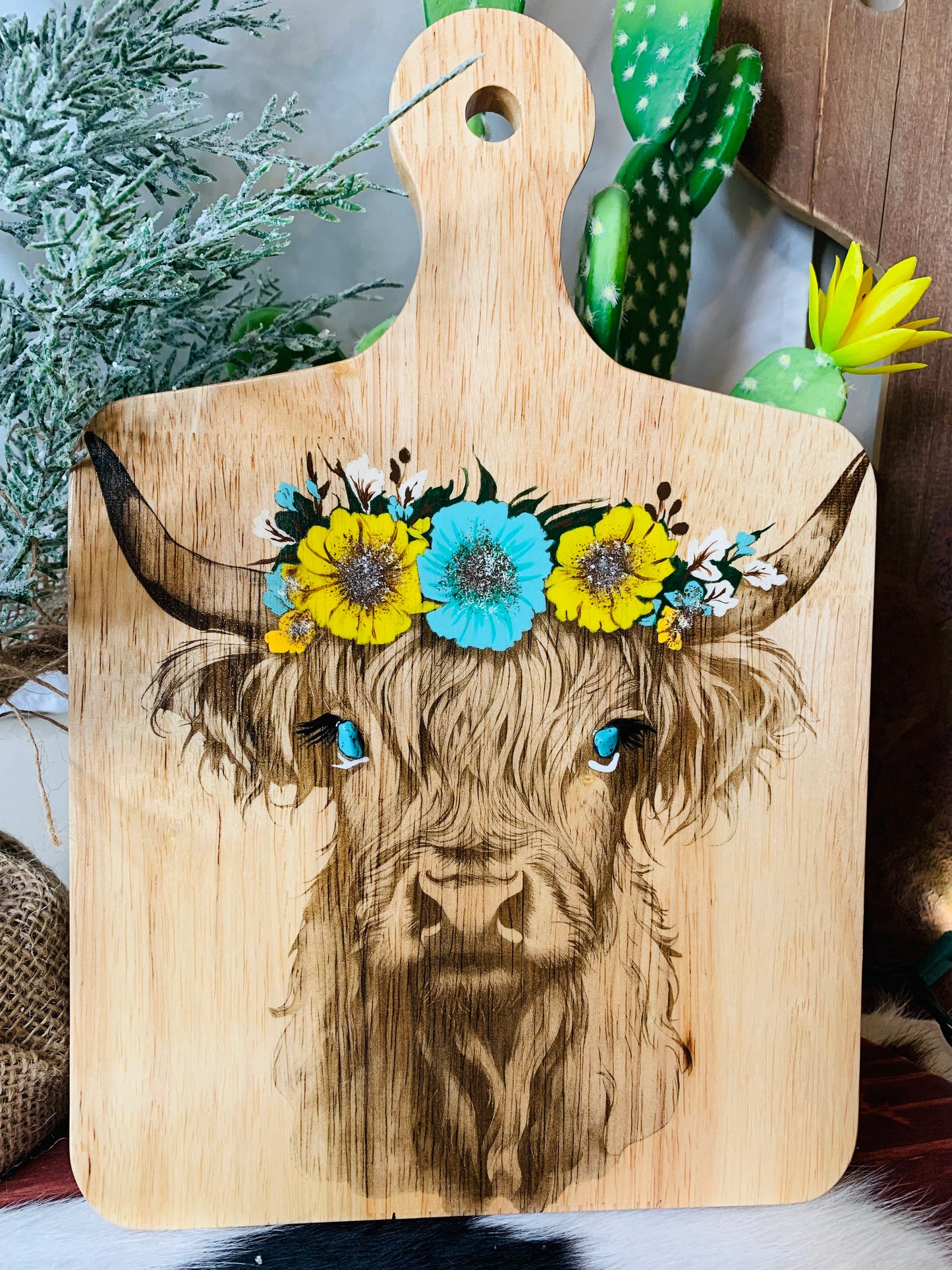 Laser Burned Highland Cow/Hand Painted