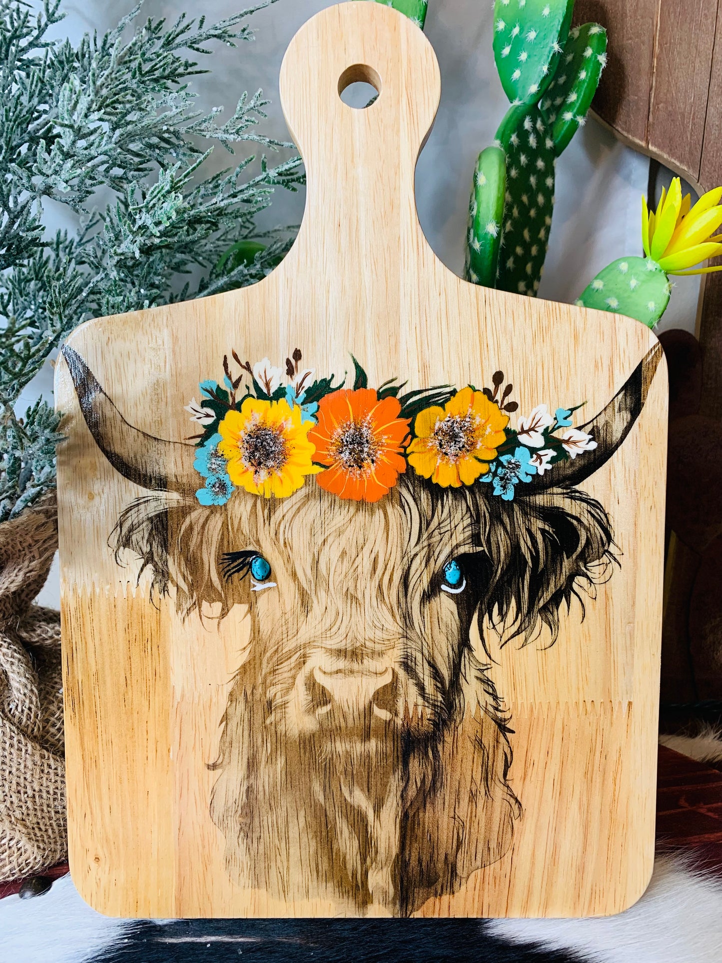 Laser Burned Highland Cow/Hand Painted