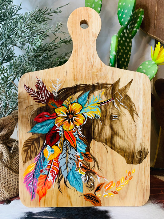 Laser Burned "Horse" and Hand Painted Florals