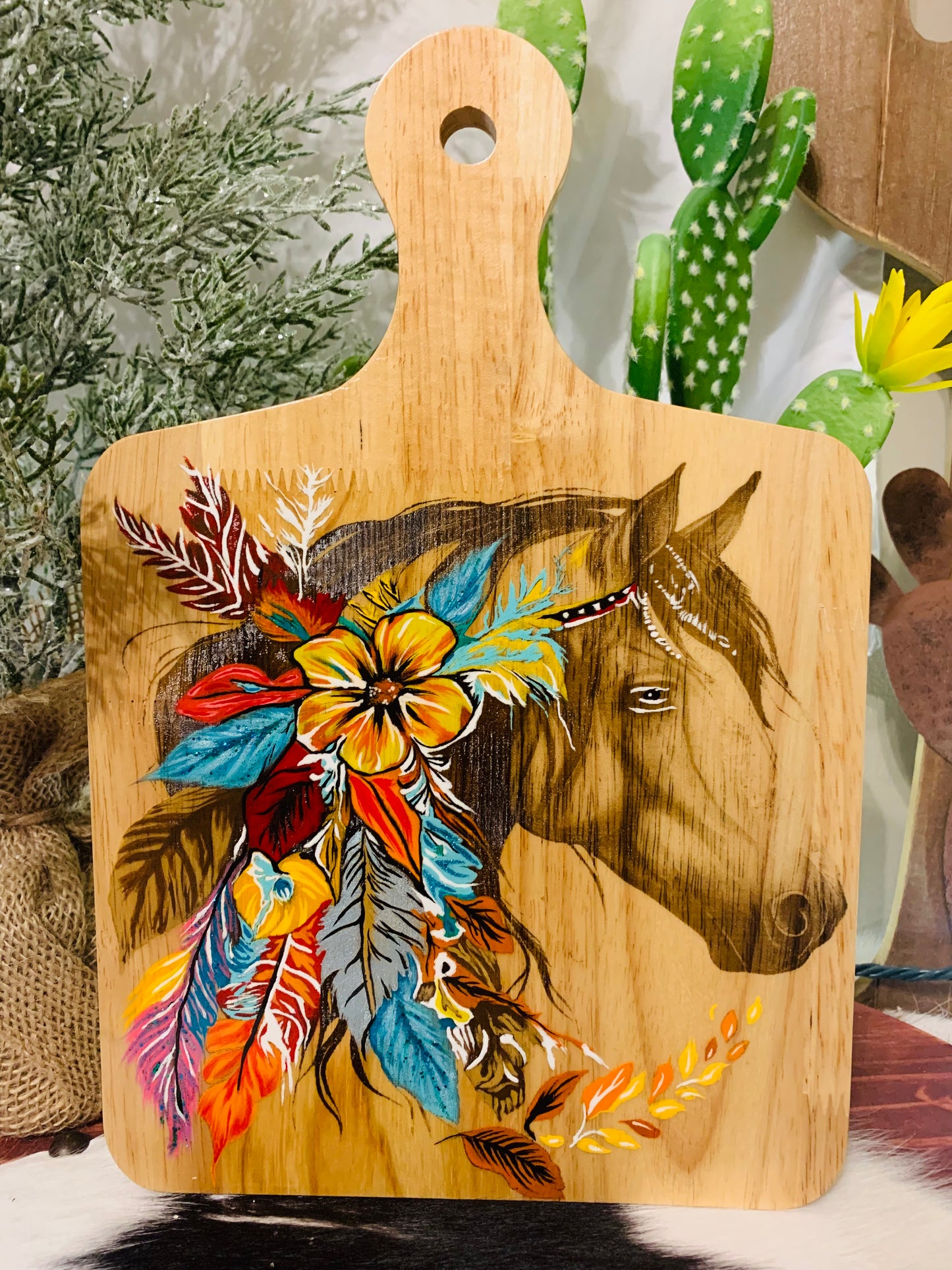 Laser Burned "Horse" and Hand Painted Florals