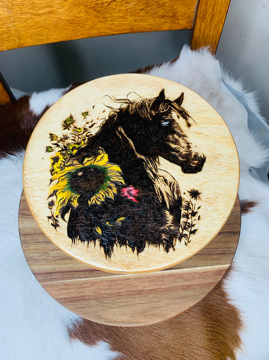 Hand Burned Horse Wood Riser