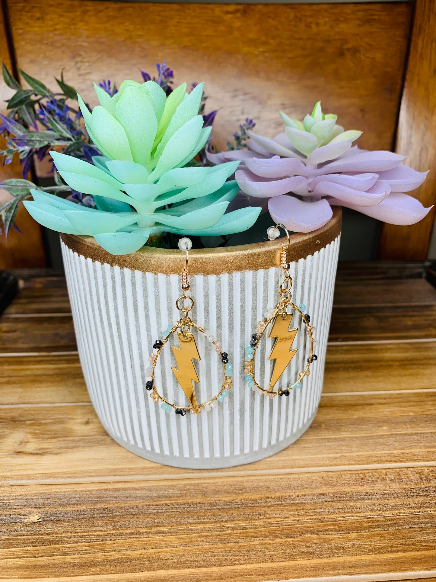 Gold Boho Beaded Lighting Bolt Earrings