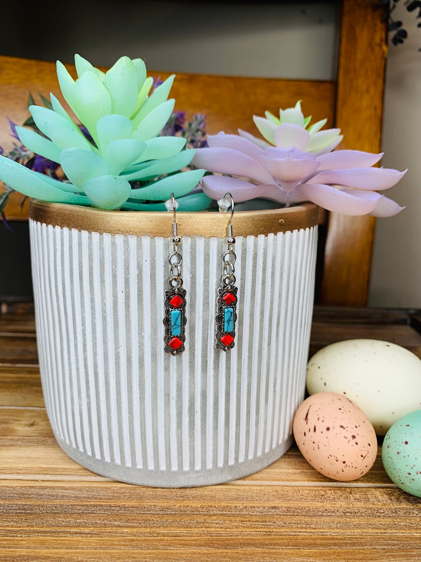 Antique Silver Turquoise Bar Earrings