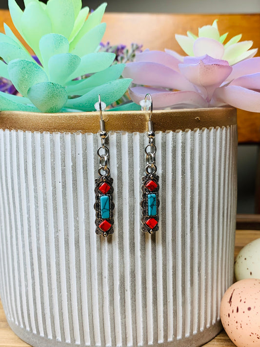 Antique Silver Turquoise Bar Earrings