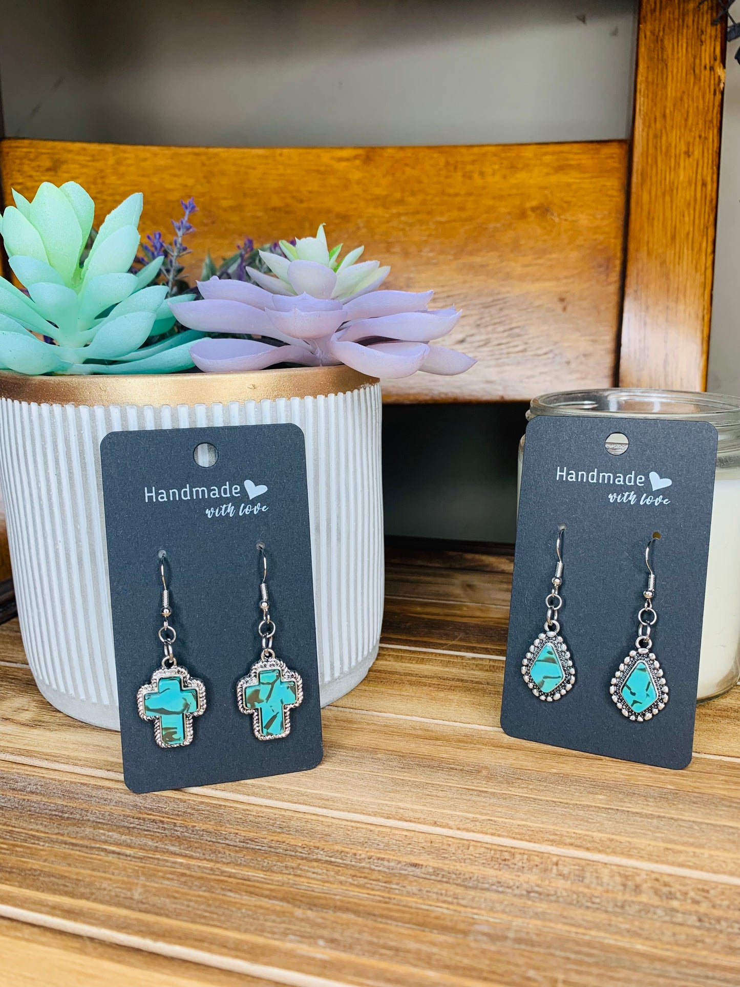 Turquoise Stone Cross Earrings