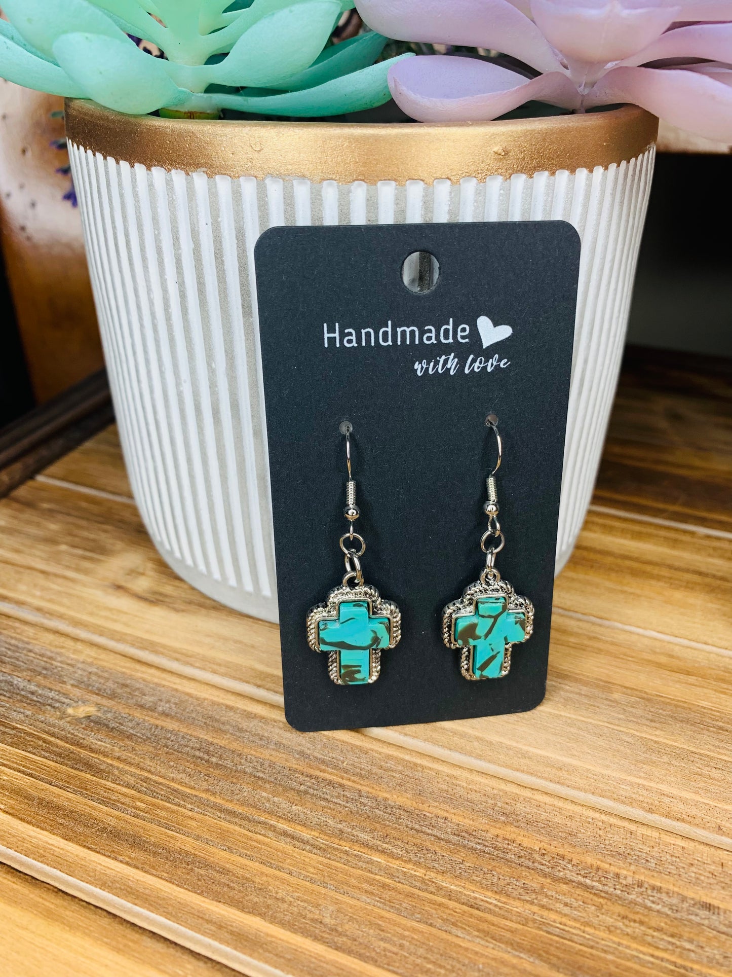 Turquoise Stone Cross Earrings