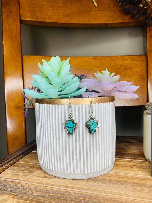 Turquoise Stone Cross Earrings