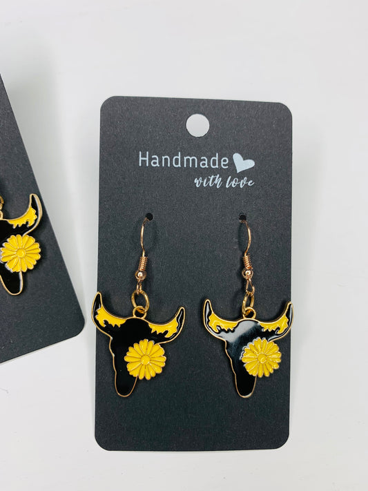 Sunflower Bull Skull Earrings