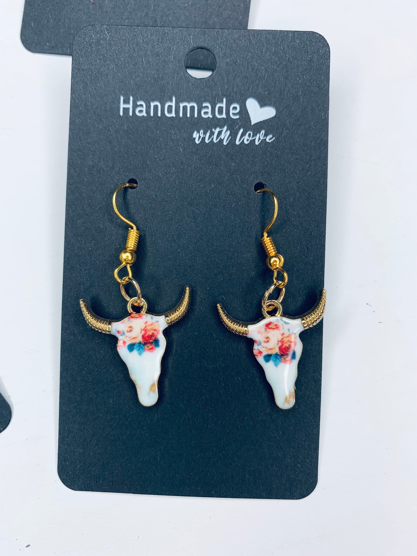 Boho Floral Bull Skull Earrings