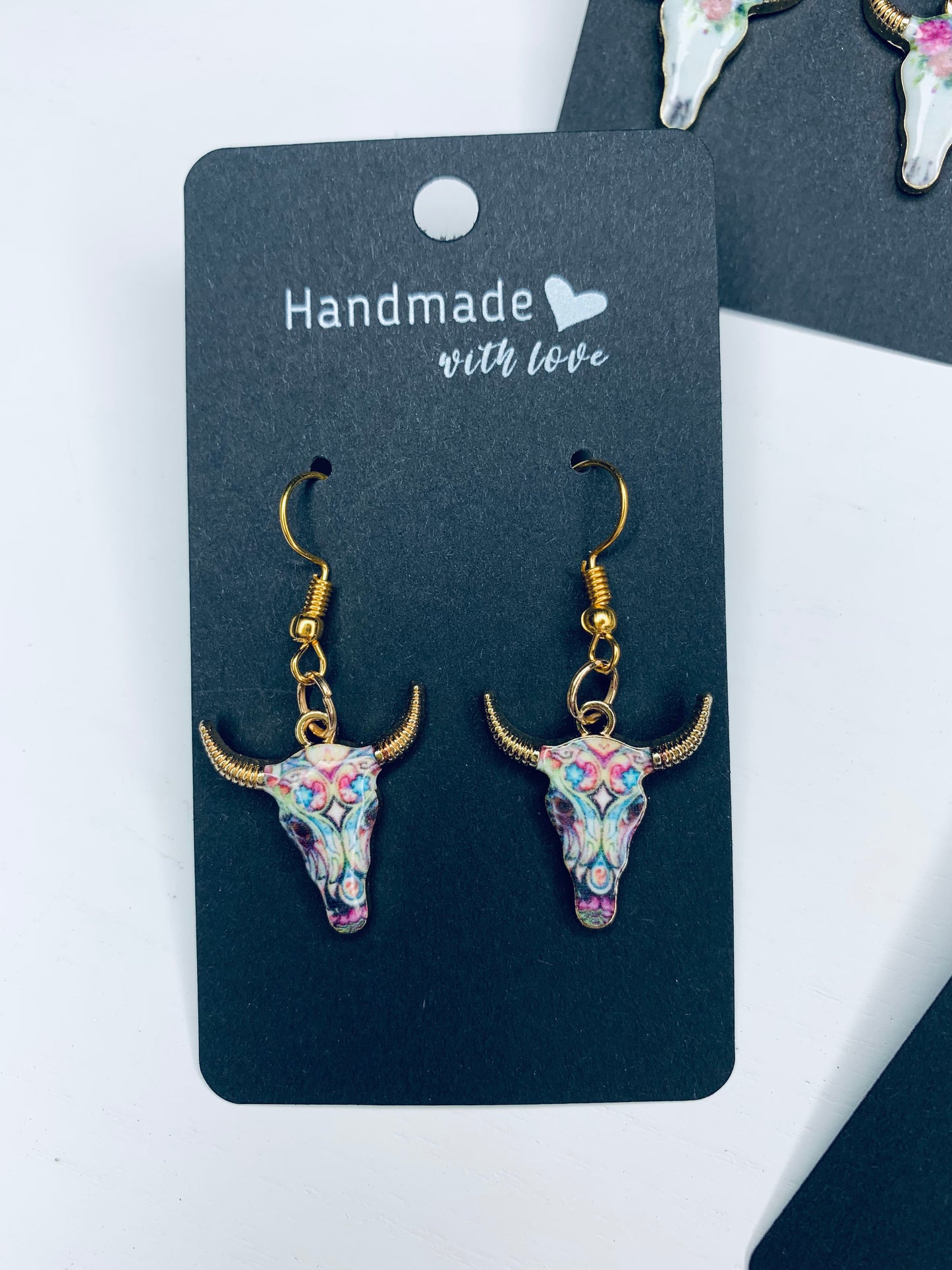 Boho Floral Bull Skull Earrings