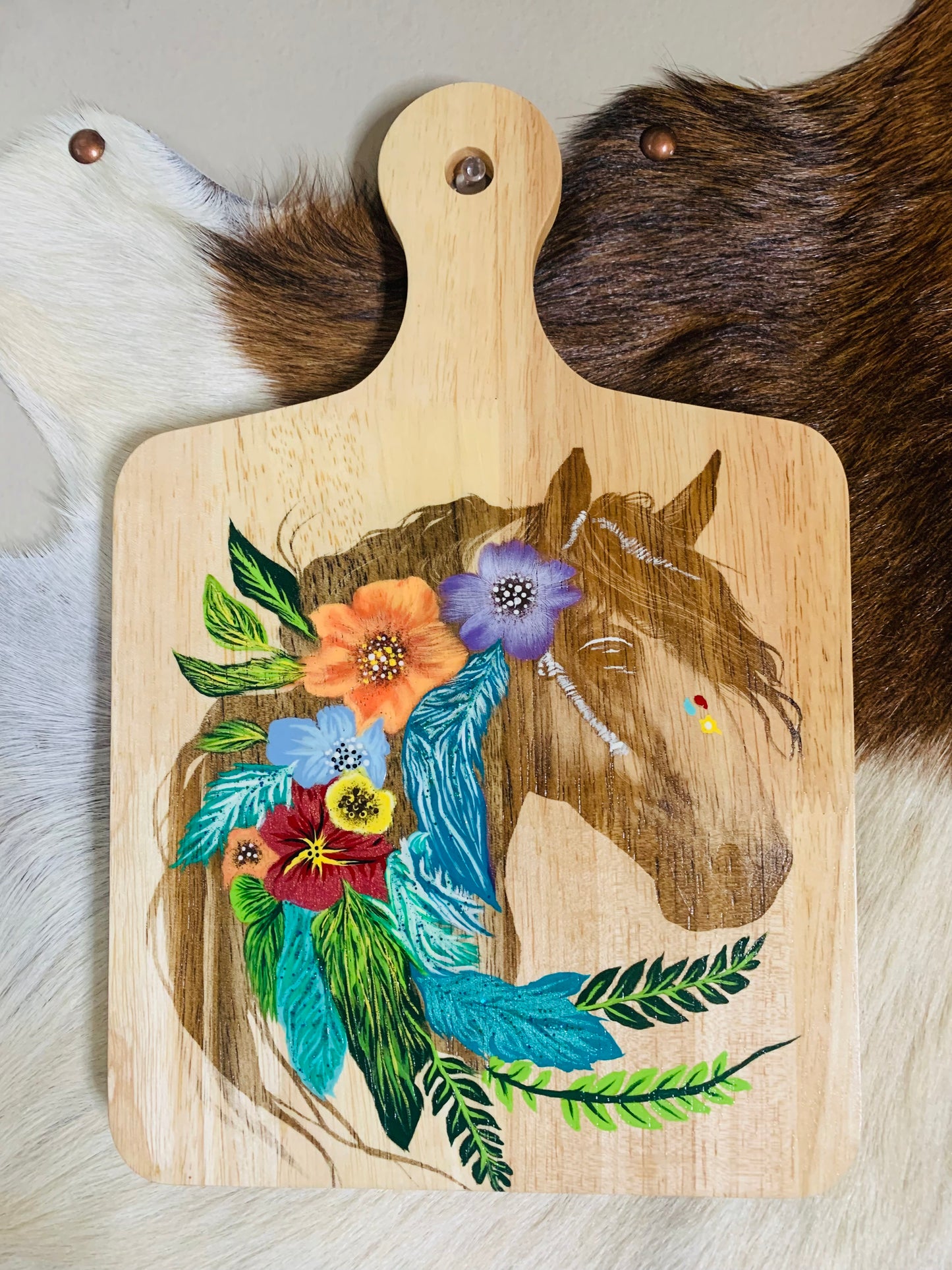 Laser Burned "Horse" with Hand Painted Florals