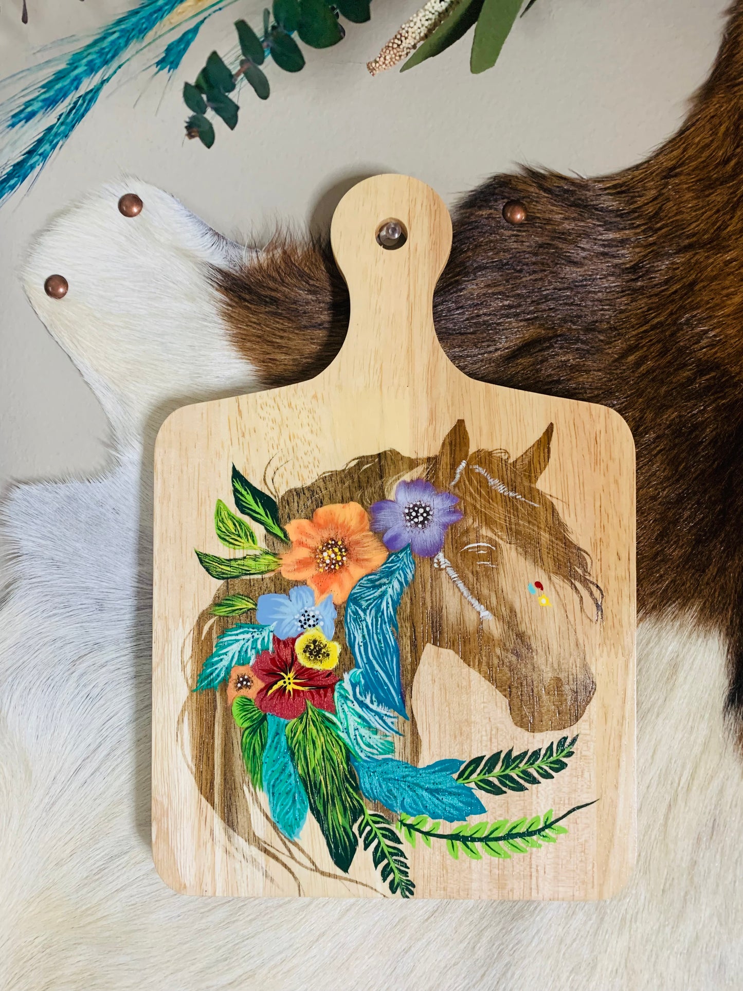 Laser Burned "Horse" with Hand Painted Florals