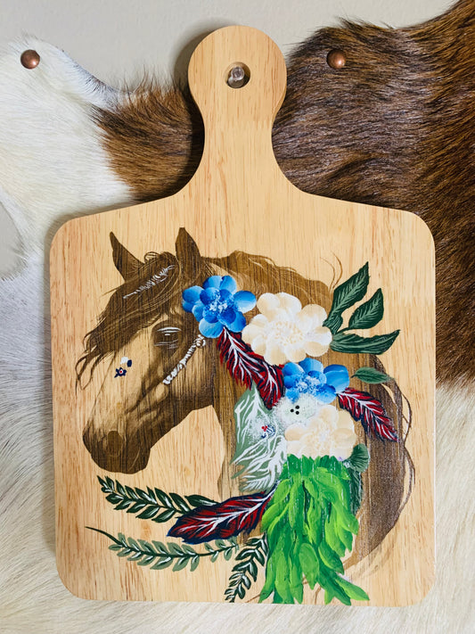 Laser Burned "Horse" with Hand Painted Florals