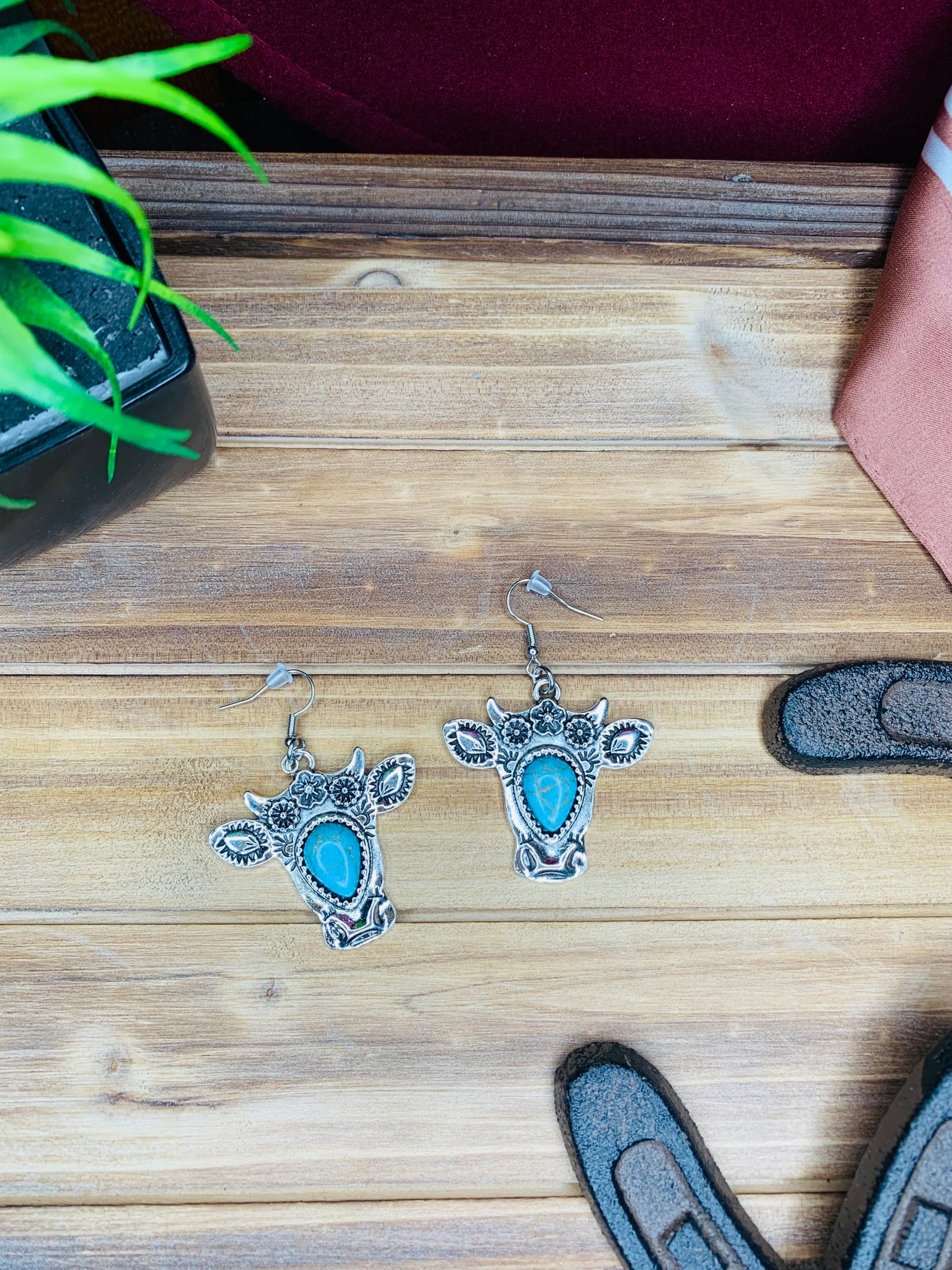 Antique Silver and Turquoise Cow Head Earrings