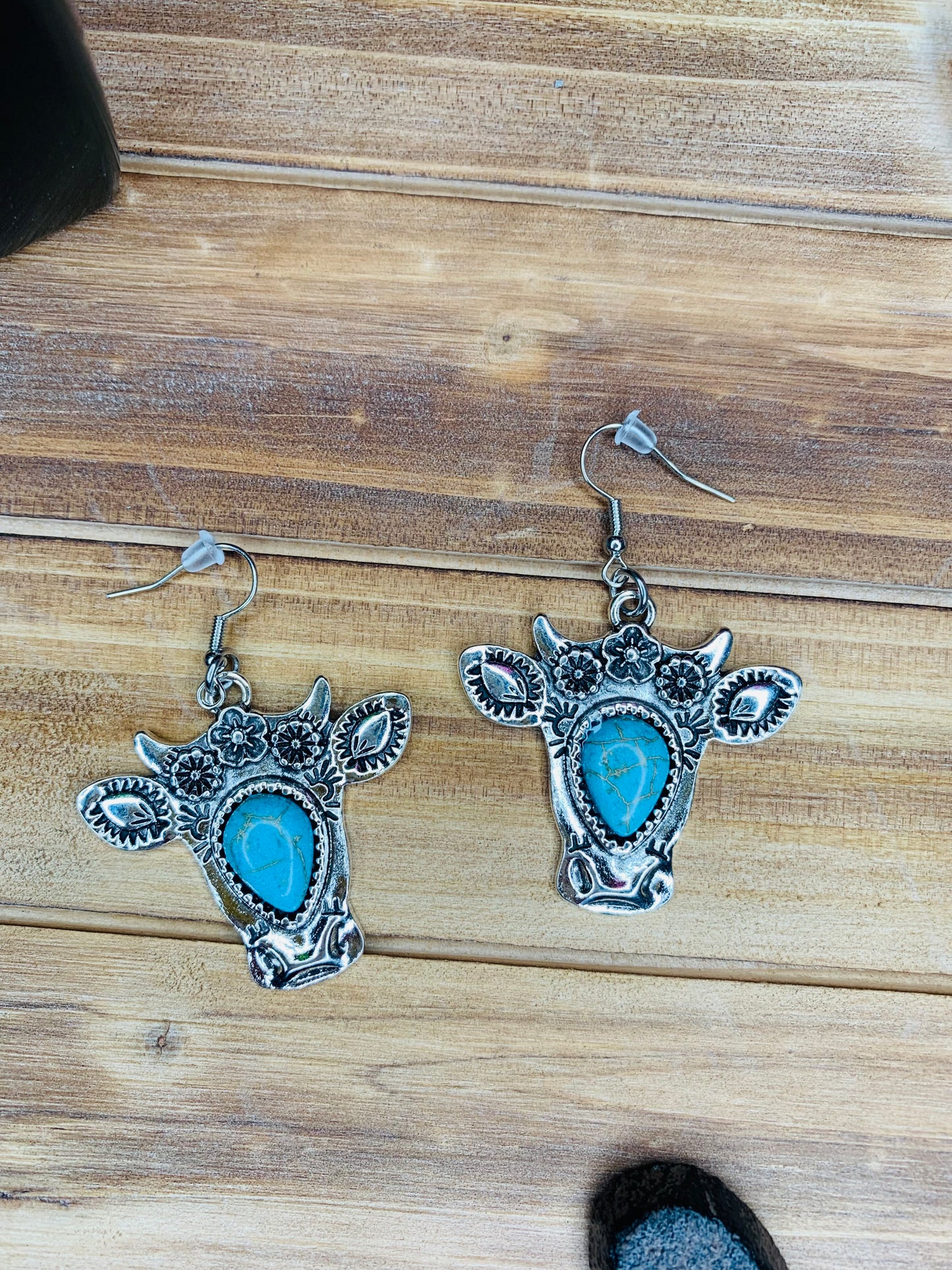 Antique Silver and Turquoise Cow Head Earrings