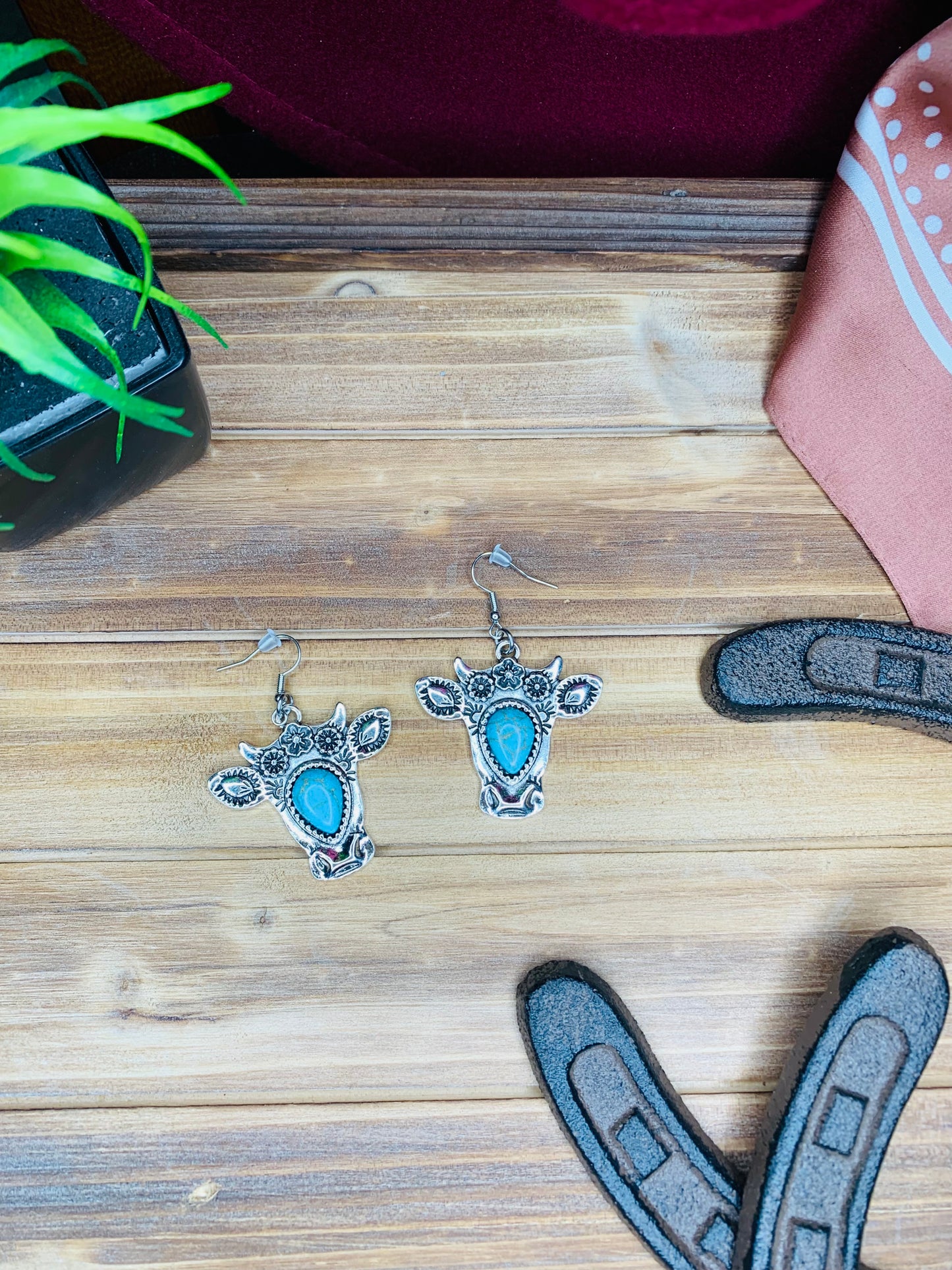 Antique Silver and Turquoise Cow Head Earrings