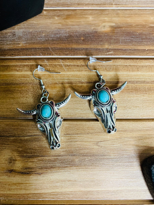 Antique Silver and Turquoise Bull Skull Earrings