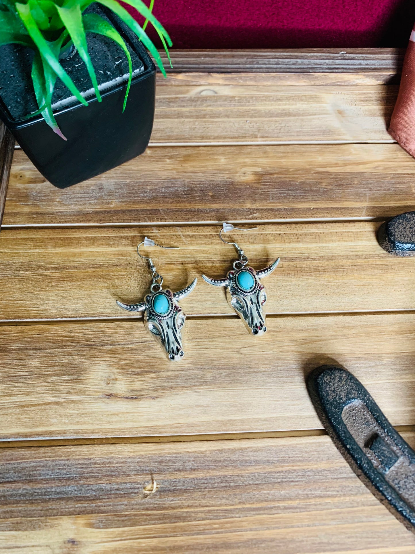 Antique Silver and Turquoise Bull Skull Earrings