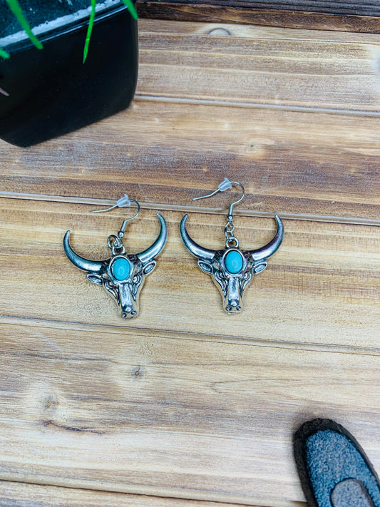 Antique Silver and Turquoise Bull Earrings