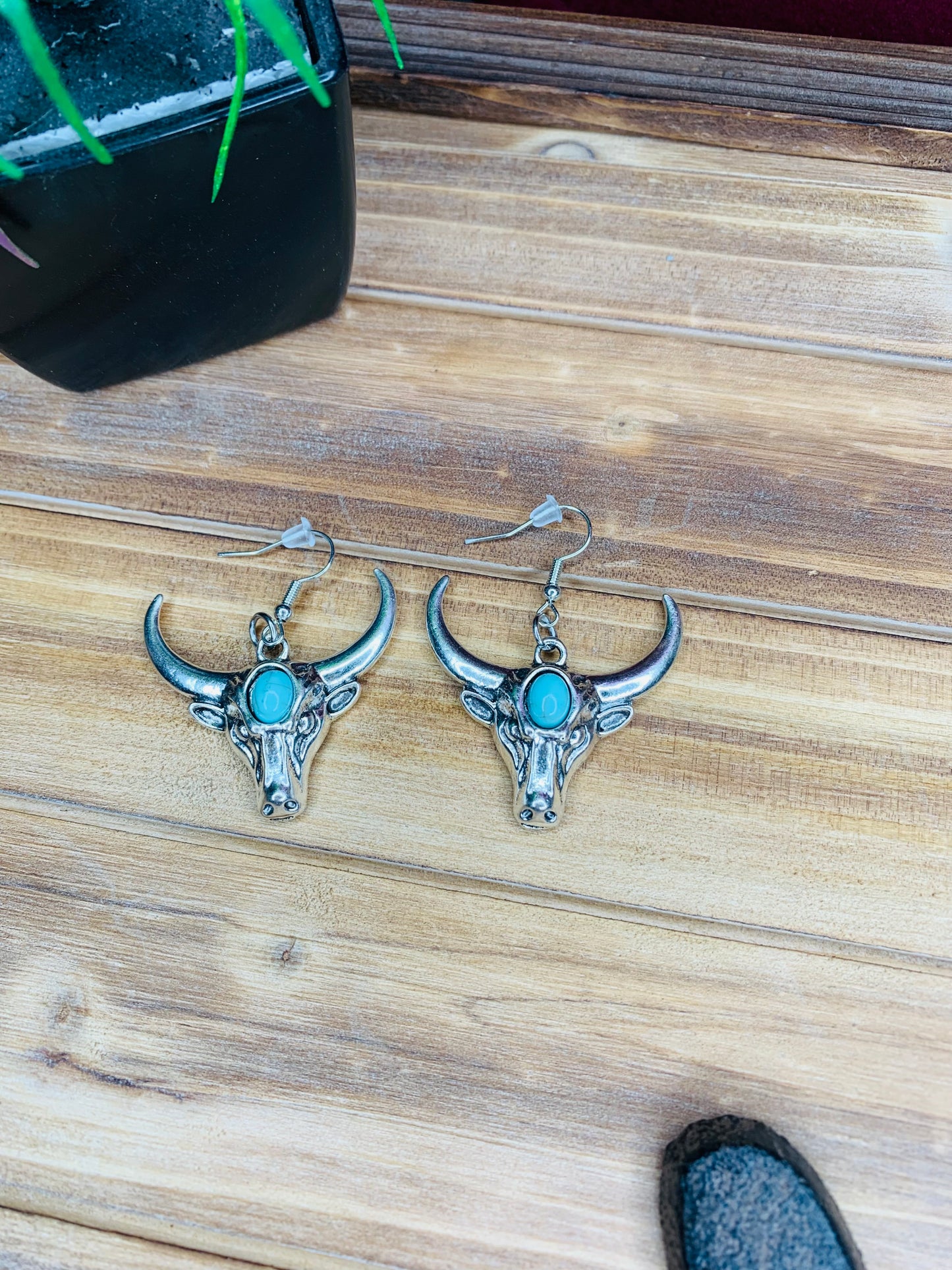 Antique Silver and Turquoise Bull Earrings