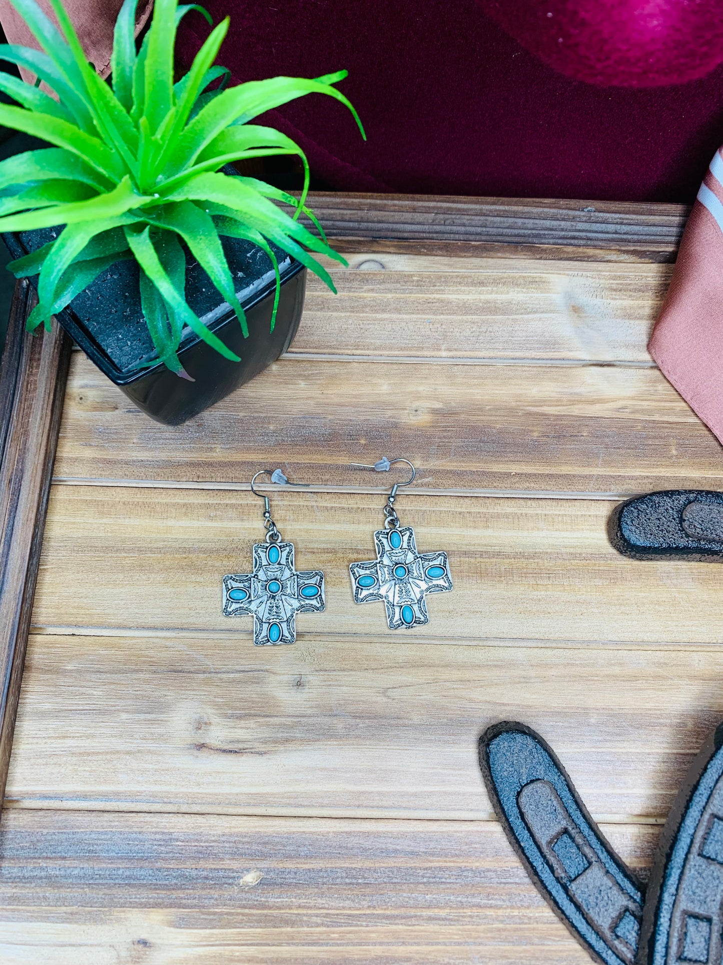 Antique Silver and Turquoise Cross Earrings