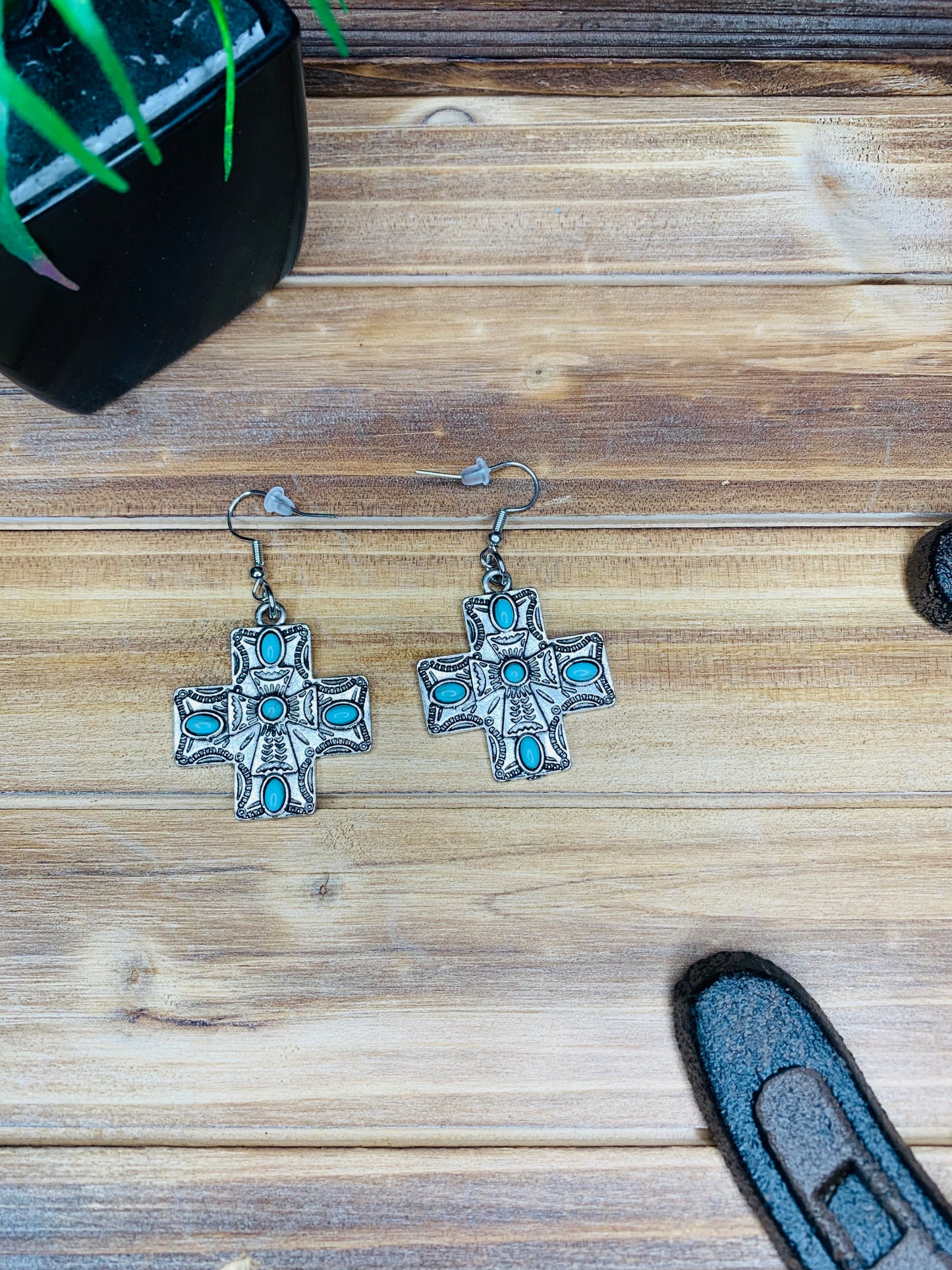 Antique Silver and Turquoise Cross Earrings