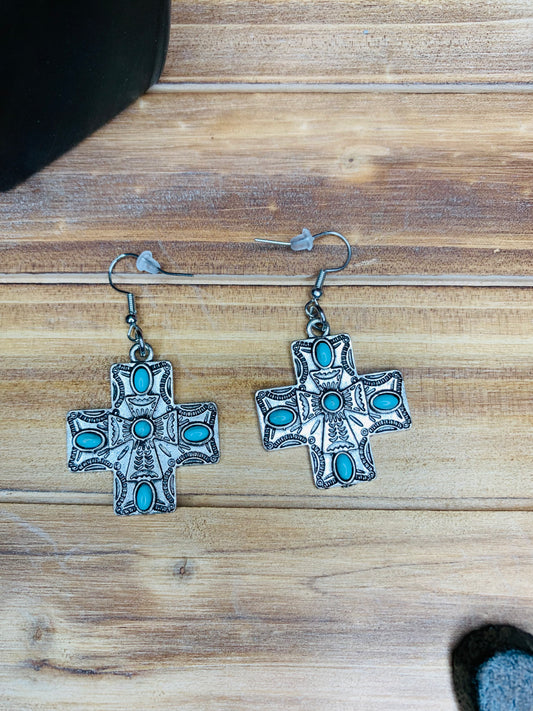 Antique Silver and Turquoise Cross Earrings