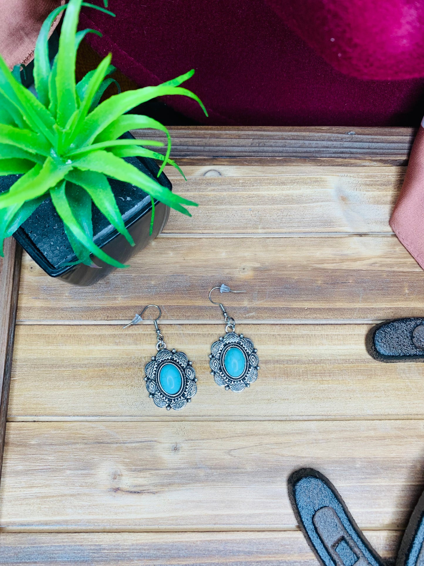 Antique Silver and Turquoise Oval Earrings