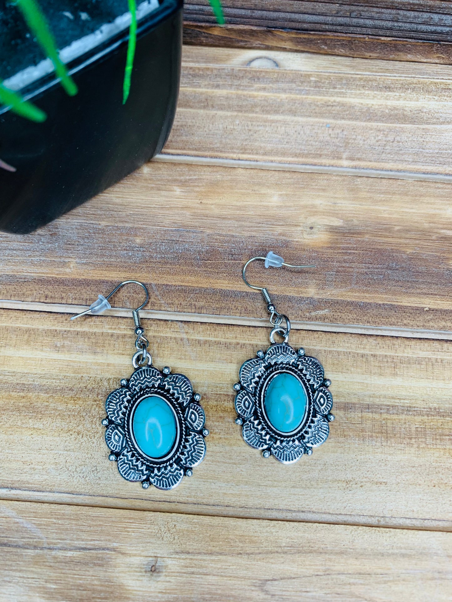 Antique Silver and Turquoise Oval Earrings