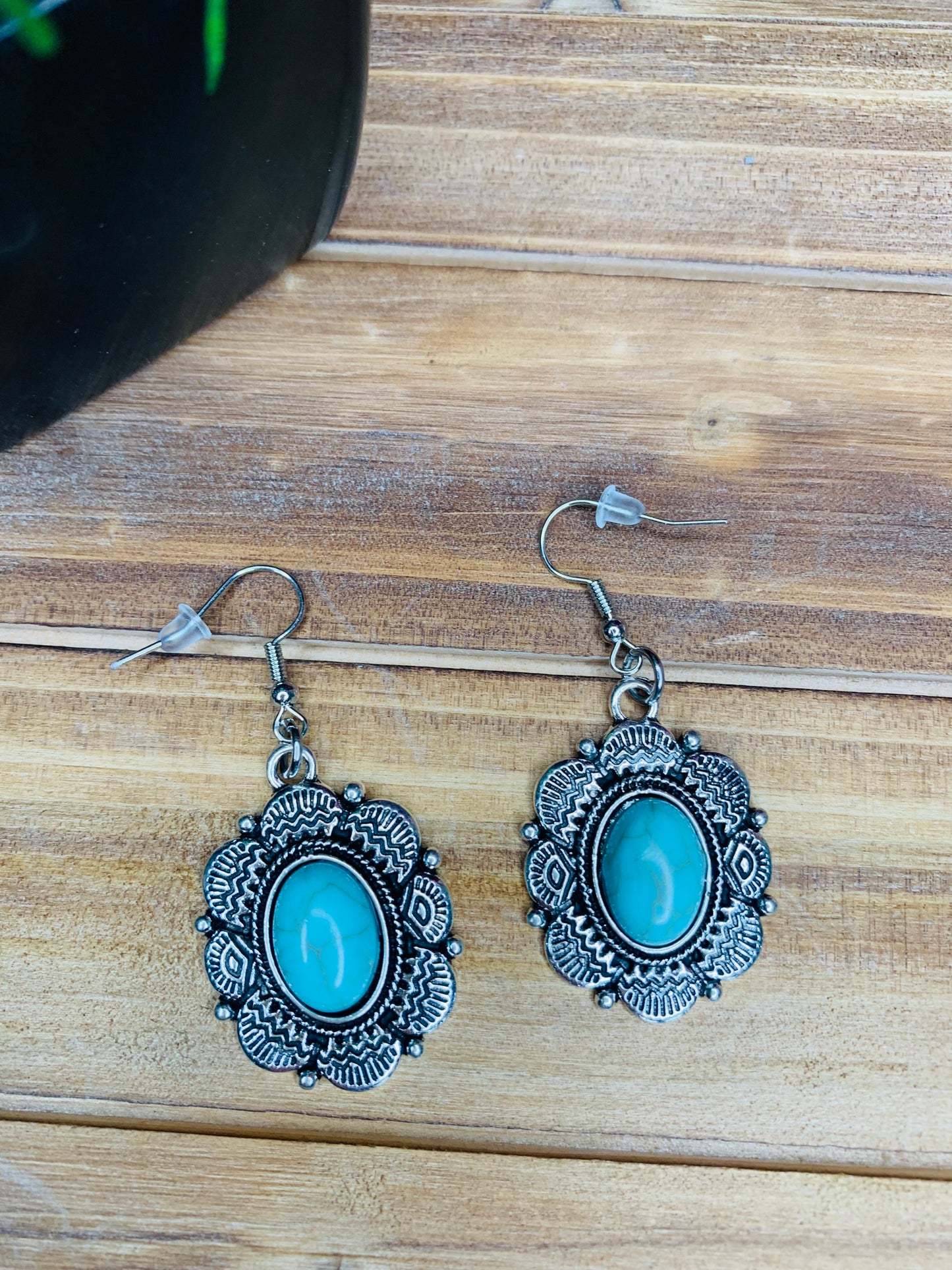 Antique Silver and Turquoise Oval Earrings