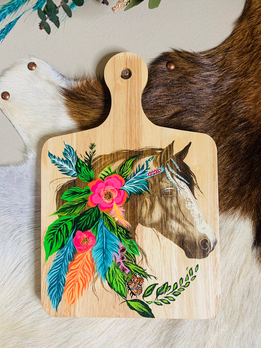 Laser Burned "Horse" with Hand Painted Florals