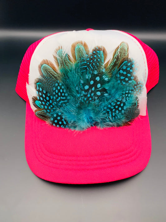 Feather Trucker Hat Two Tone Pink and White