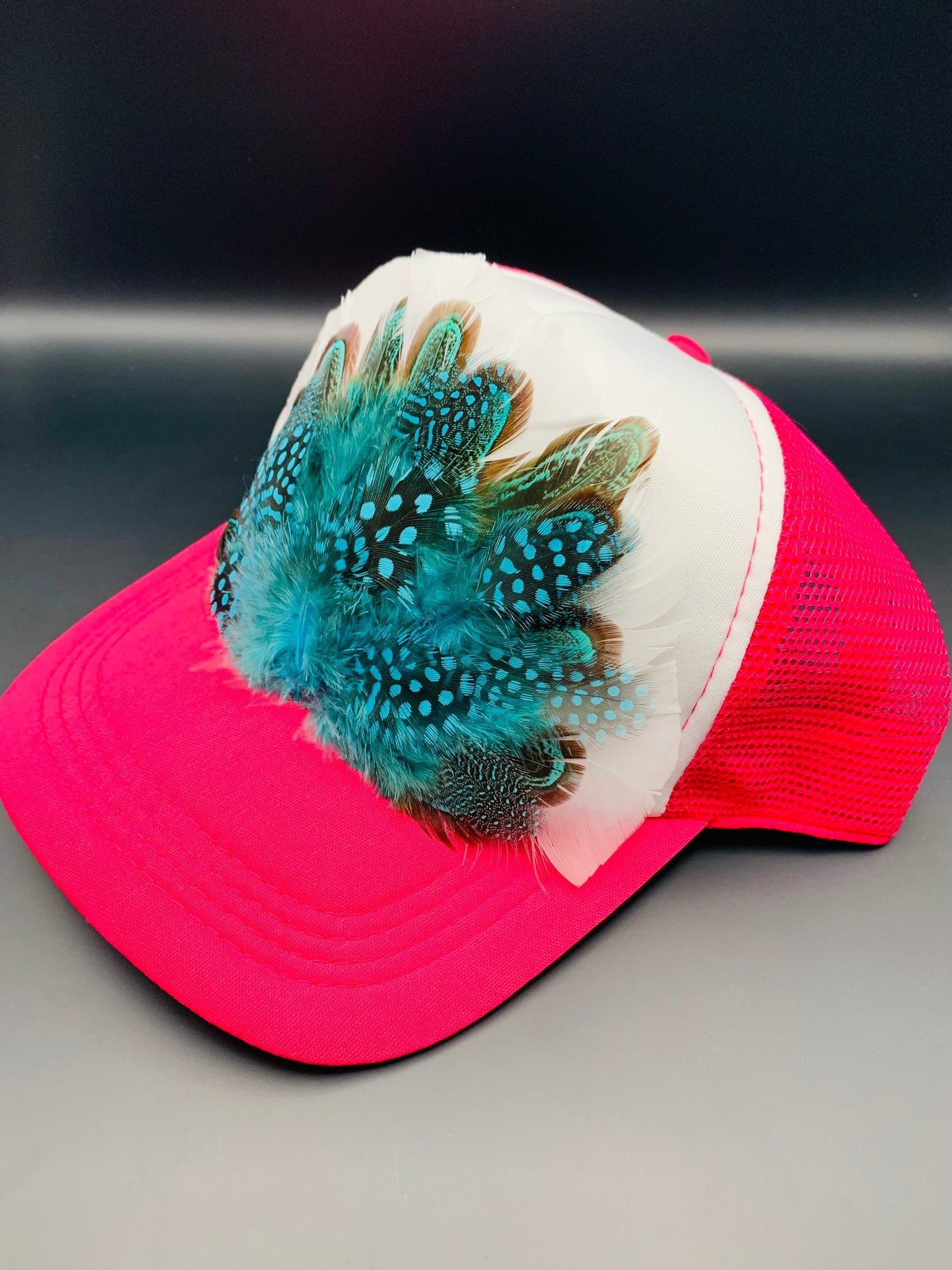 Feather Trucker Hat Two Tone Pink and White