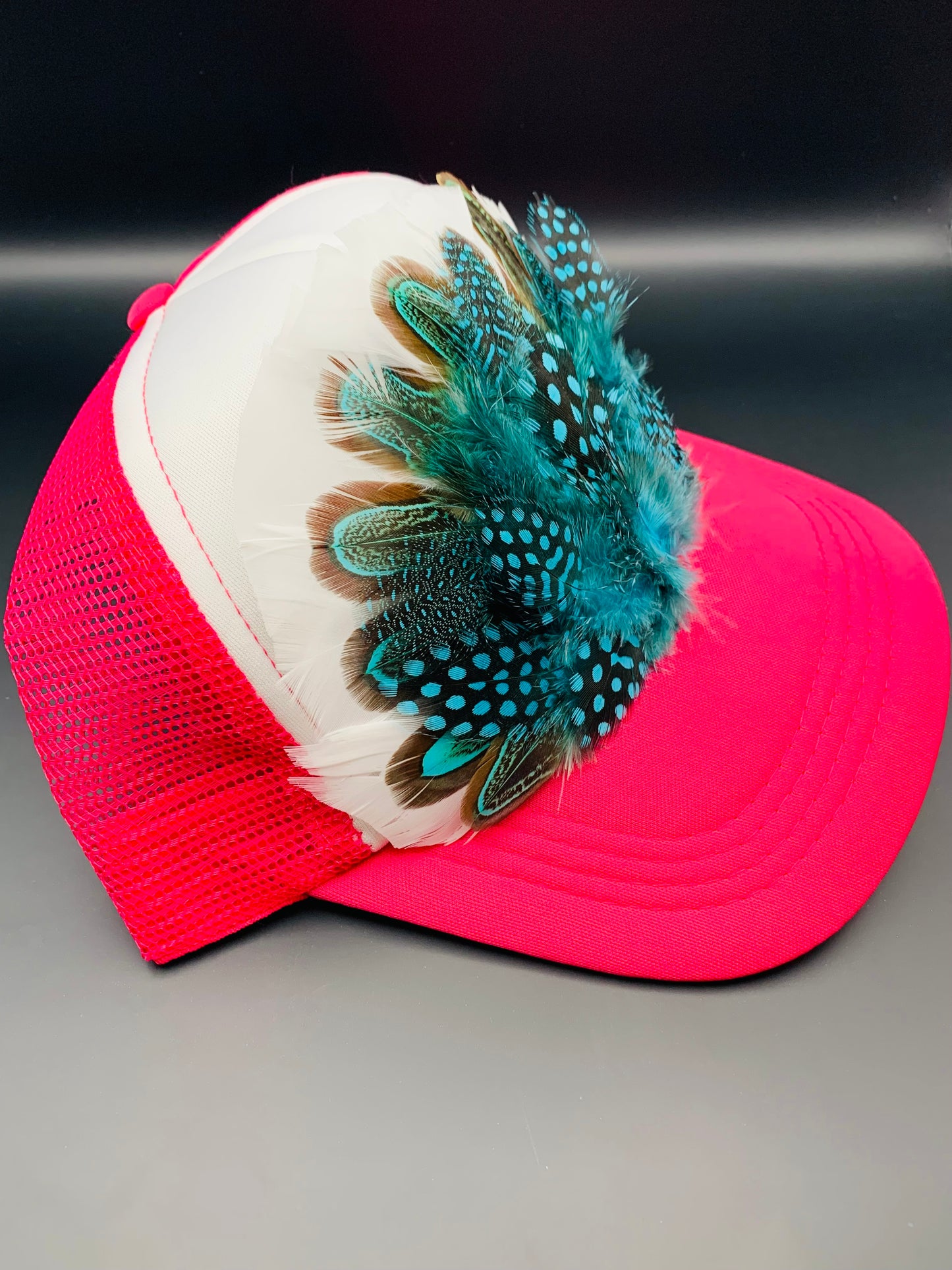 Feather Trucker Hat Two Tone Pink and White