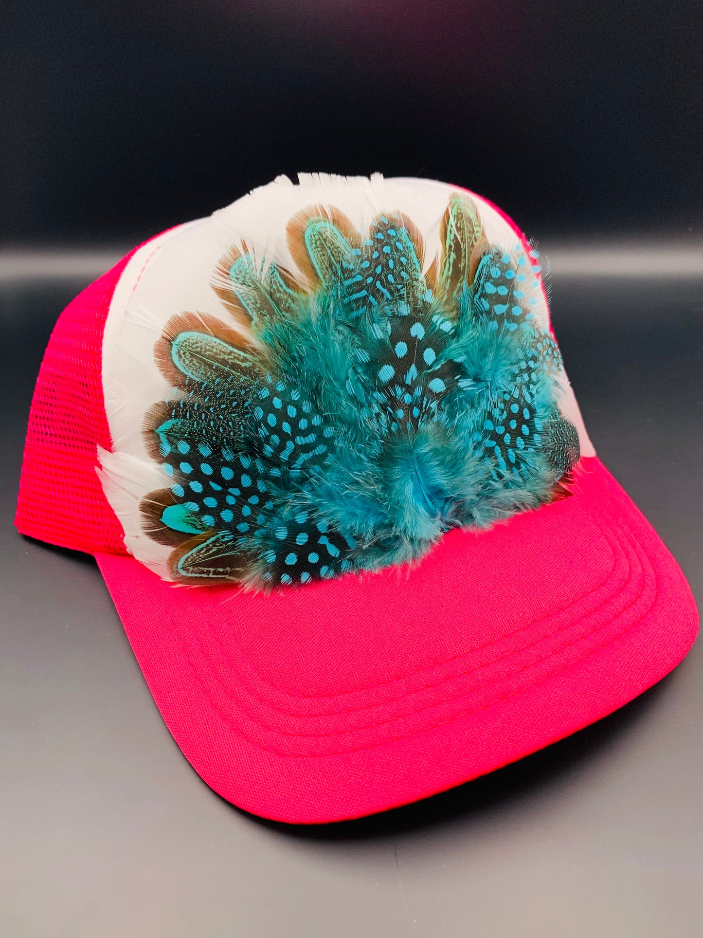 Feather Trucker Hat Two Tone Pink and White