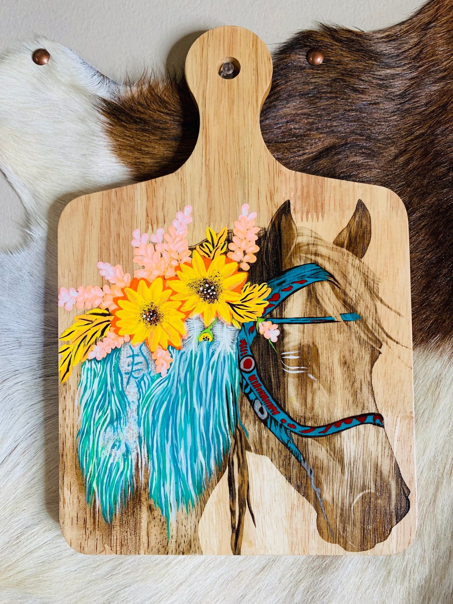 Laser Burned "Horse" with Hand Painted Florals