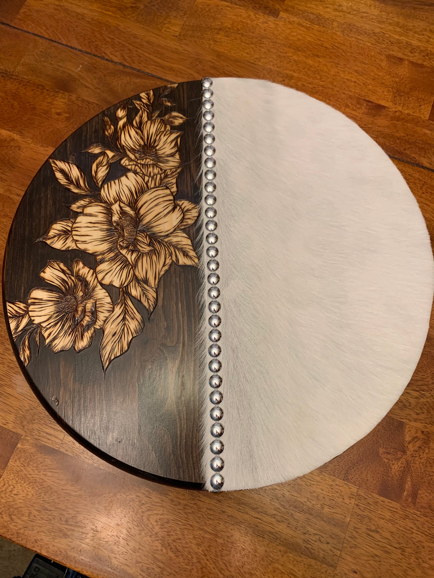 Hand Burned "Floral and Cowhide" Lazy Susan Turntables