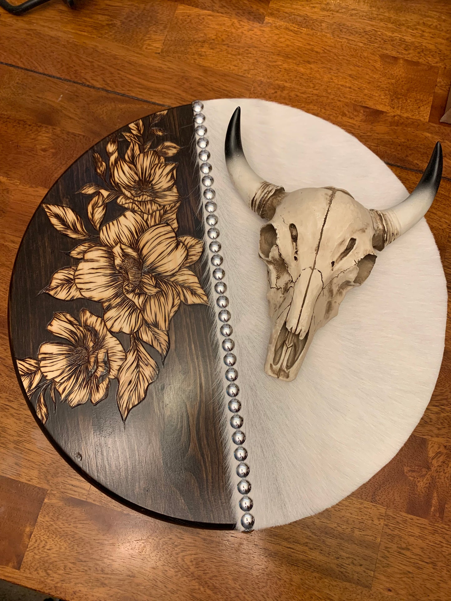 Hand Burned "Floral and Cowhide" Lazy Susan Turntables